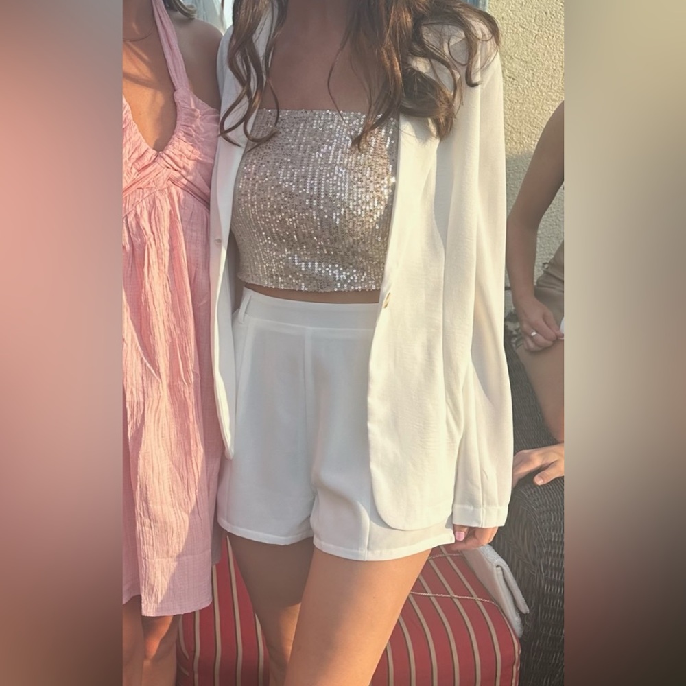 White blazer + shorts with gold sequin top set